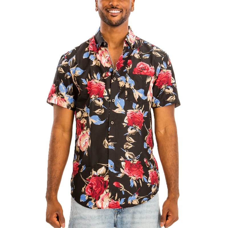 Digital Print Hawaiian Short Sleeve Shirt-Rose & Blue Floral on Black Background