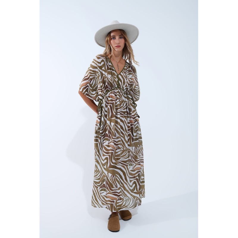 Flowy Chiffon Khaki Zebra Print Maxi Dress With Drawstring Waist
