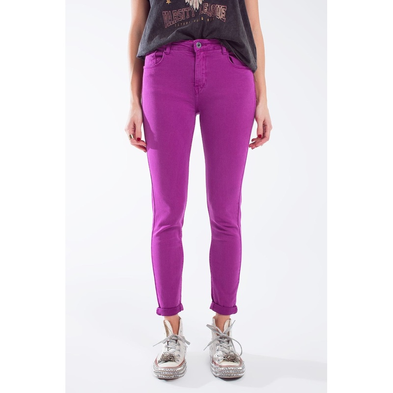 Fuchsia Ankle Super Skinny Jeans With Soft Wrinkles