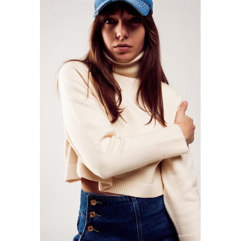 High Neck Cropped Jumper In Cream