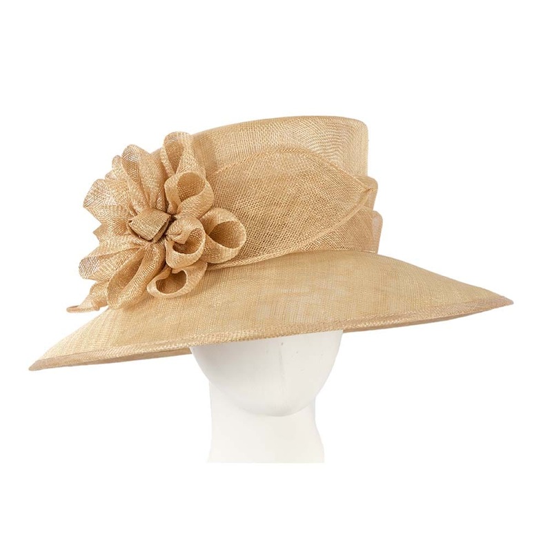 Large gold sinamay racing hat