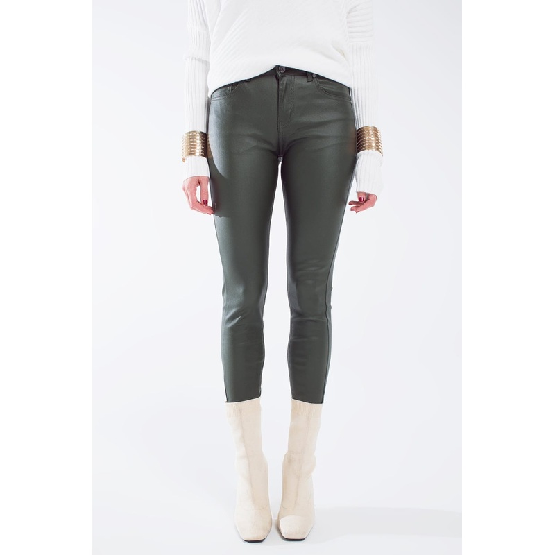 Leatherette Effect Super Skinny Pants In Olive Green