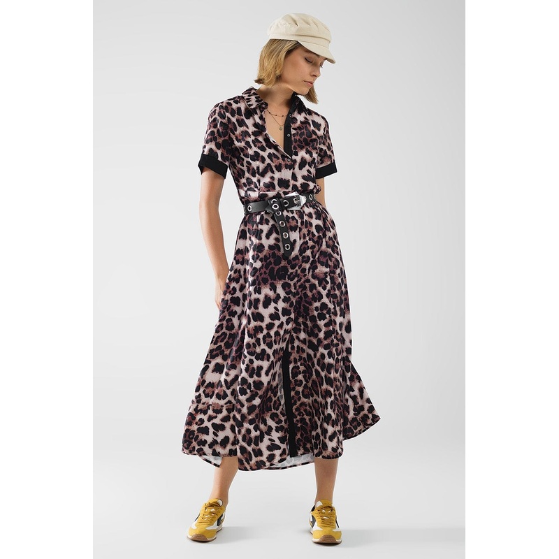 Leopard Print Buttoned Maxi Dress With Satin Detail