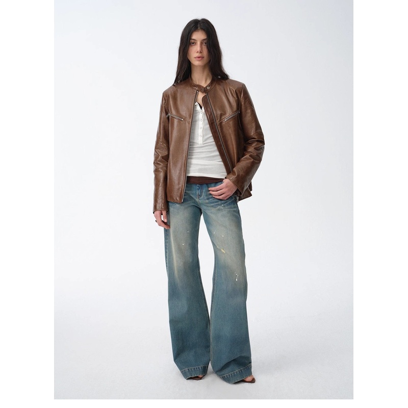 “Manhattan Dark Night” New Zealand Imported Waxed Sheepskin/Cowhide Vintage Motorcycle Leather Jacket