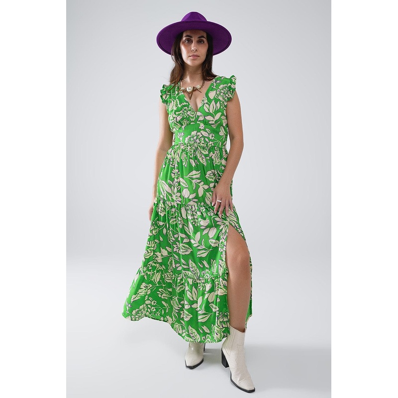 Maxi Cinched Waist Floral Print Dress In Green