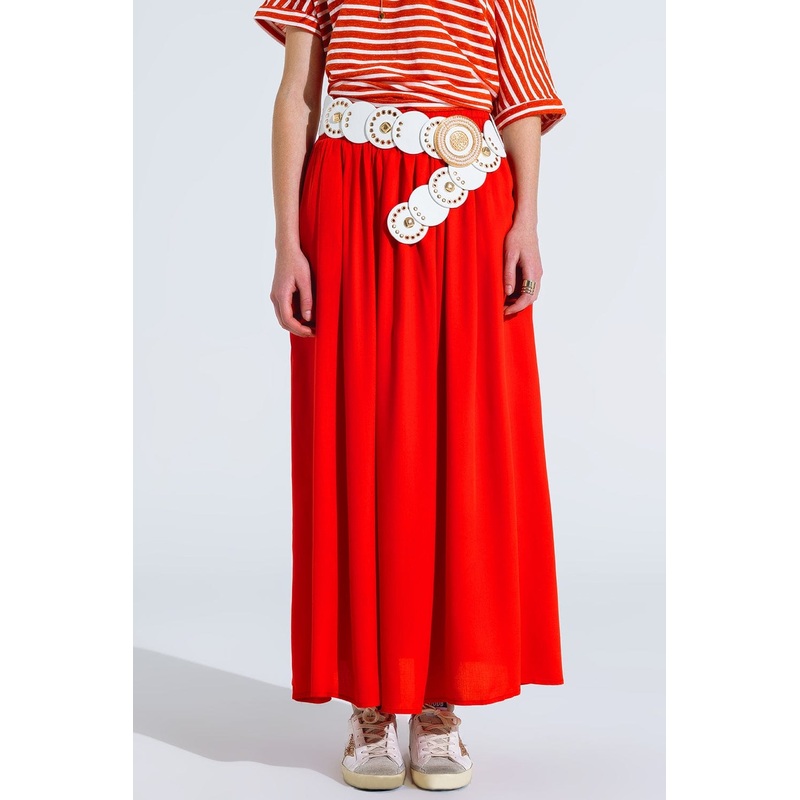 Maxi Skirt In Red Fluid Fabric With Elastic Waist