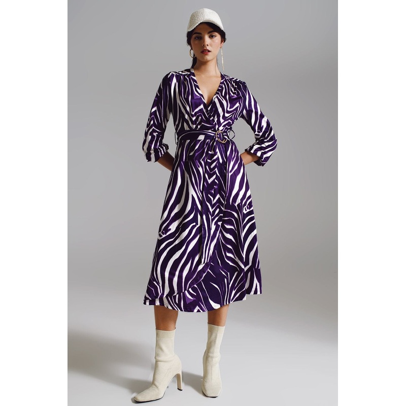 Midi Belted Wrap Dress In Purple And Cream Zebra Print