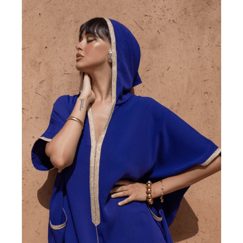 Moroccan Dress – Oversized Crpe Hooded Jalabiya in Blue