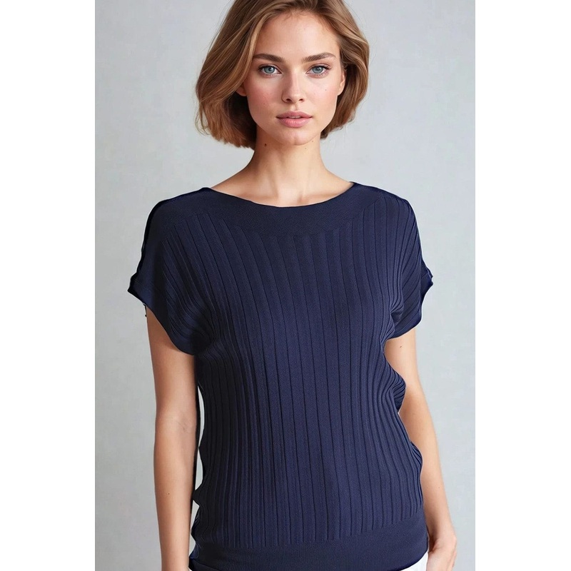 Navy Fine Rib Knitted Sweater With Boat Neck