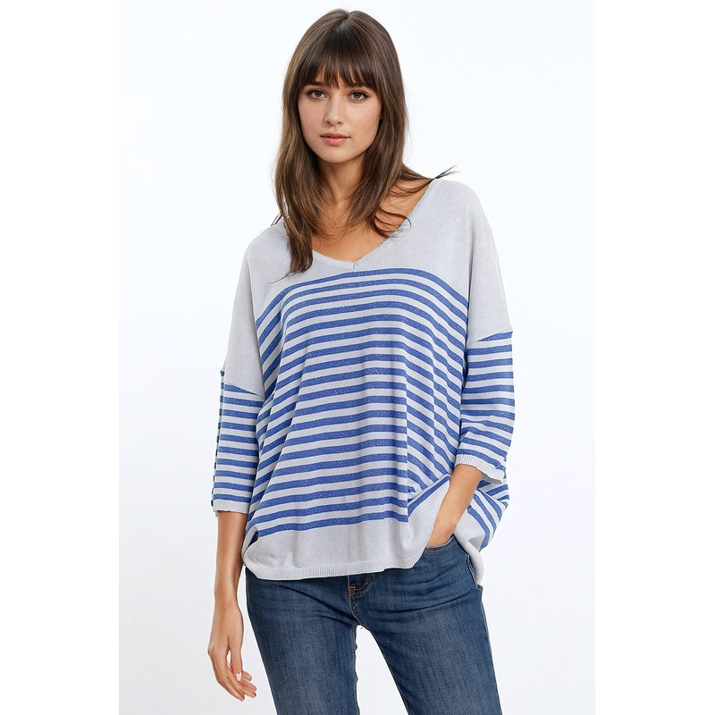 Oversized Grey Sweater With Blue Stripes And V-Neck
