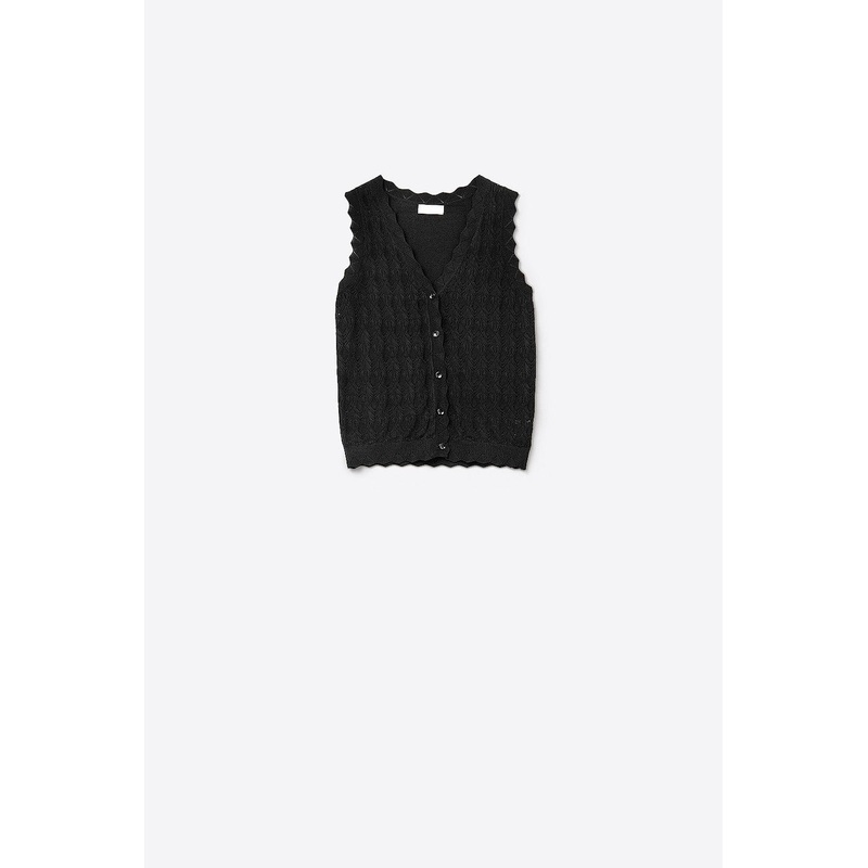 Pointelle Knitted Vest With Scalloped Edges In Black