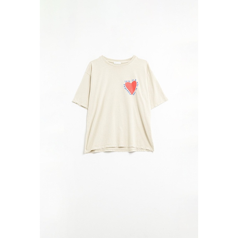 Relaxed Beige T-Shirt Featuring A Heart Design On Both The Front And Back