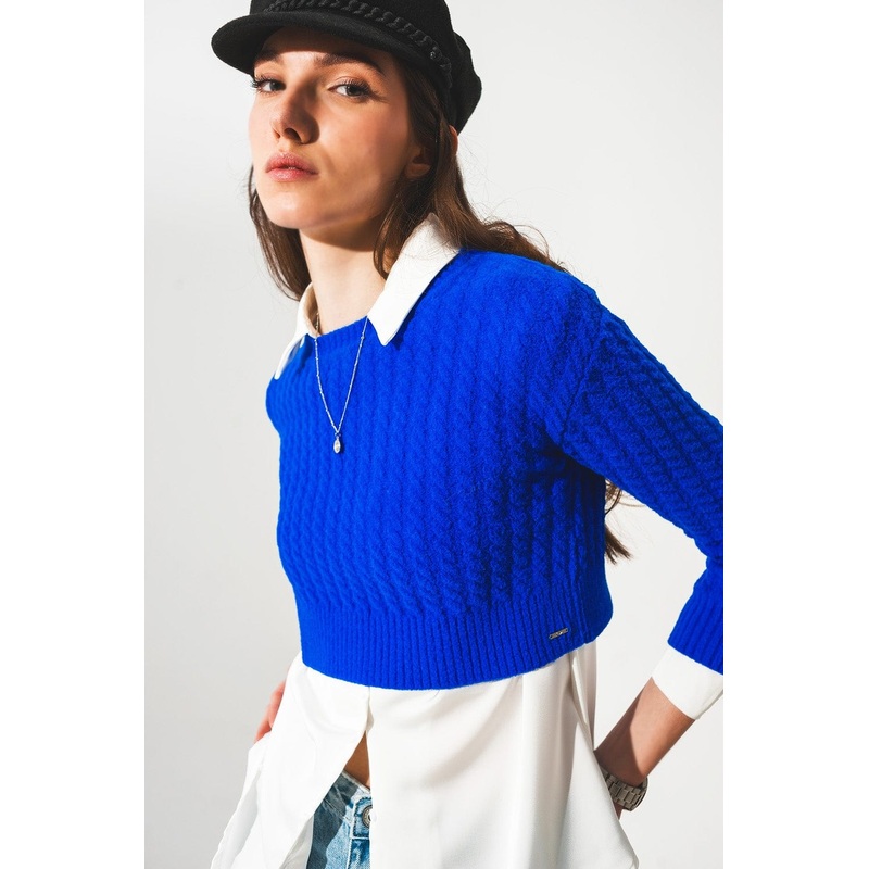 Round Neck Cable Knit Crop Jumper In Blue