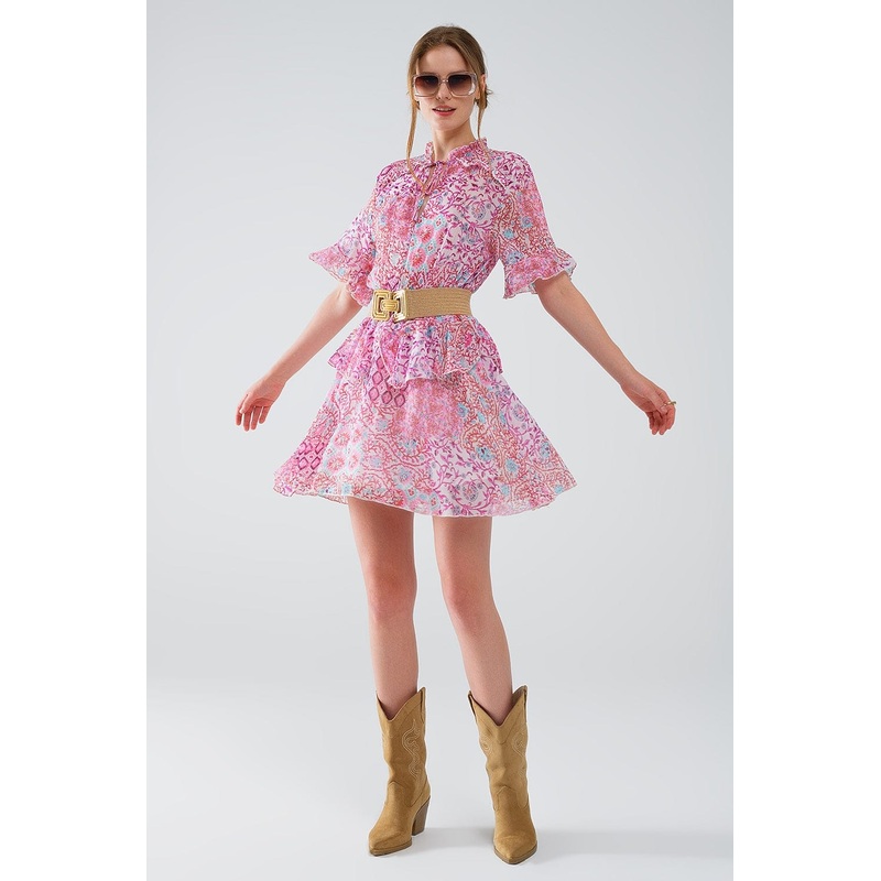 Short Dress With Abstract Print And Ruffled Skirt In Shades Of Pink