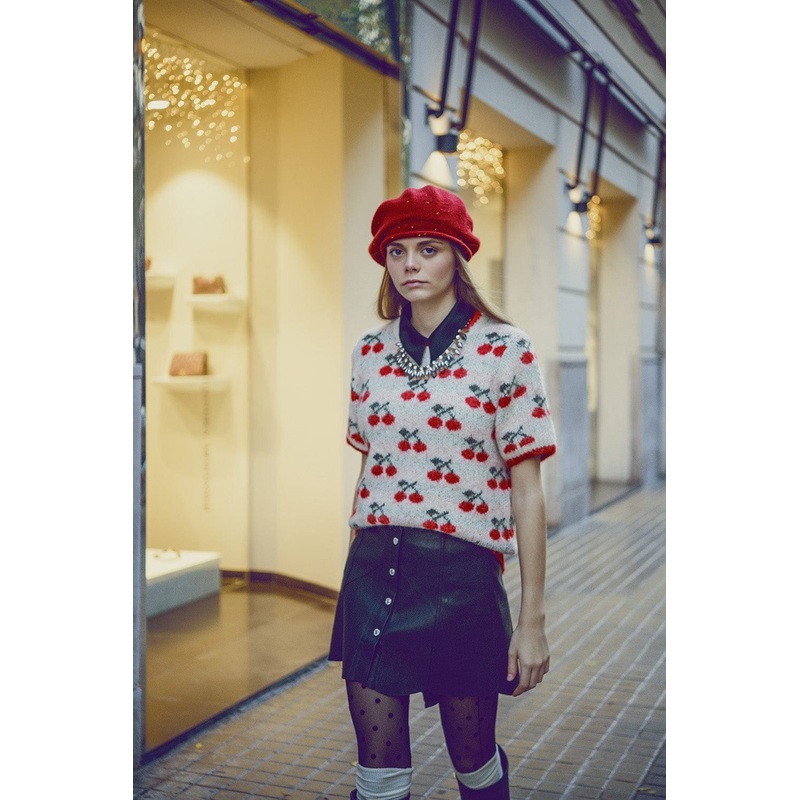 Short Sleeve Ecru Sweater With Cherry Print