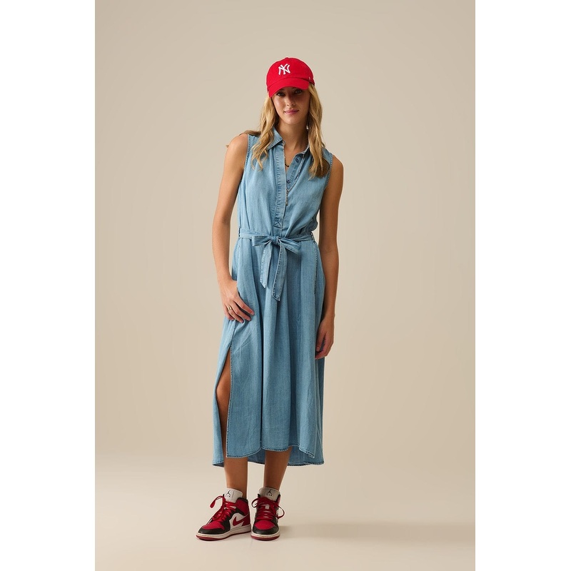 Sleeveless Tencel Fabric Shirt Dress In Blue