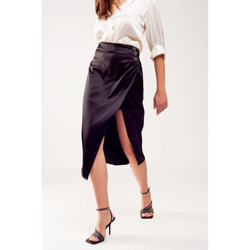 Split Front Midi Skirt In Black