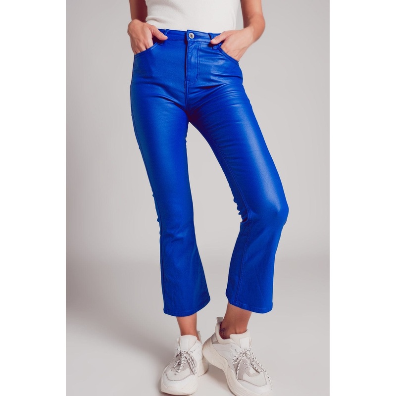 Stretch Faux Leather Flare Pants In Blue