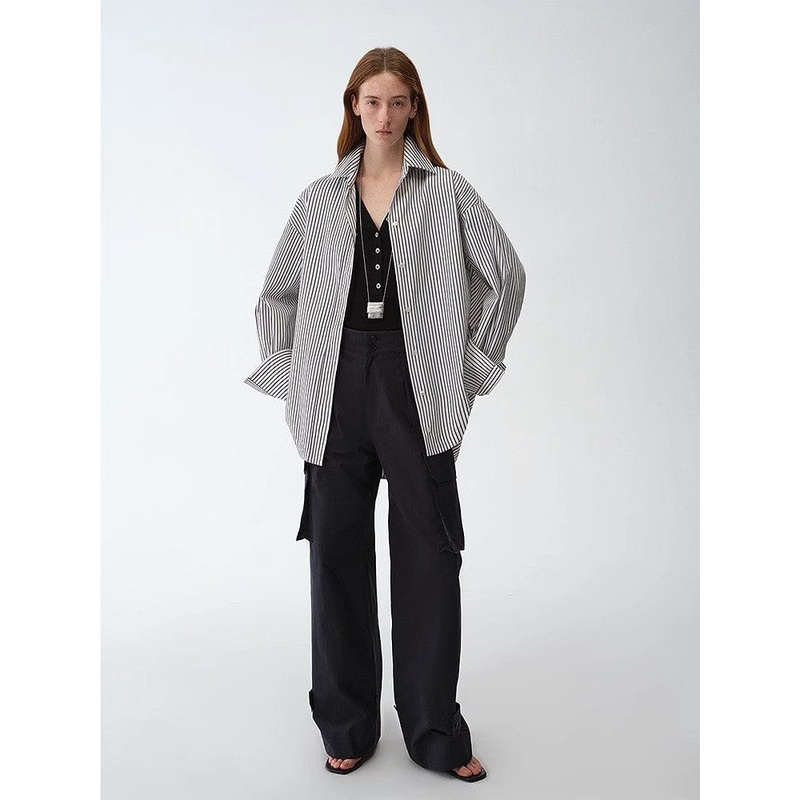 “Striped Fantasy” Casual Asymmetric Slanted Front Two-Wear Striped Long Sleeve Shirt