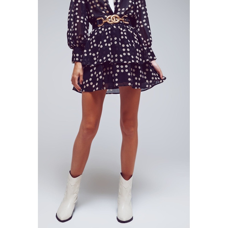 Tiered Mini Skirt In Black And Cream Polka Dots
