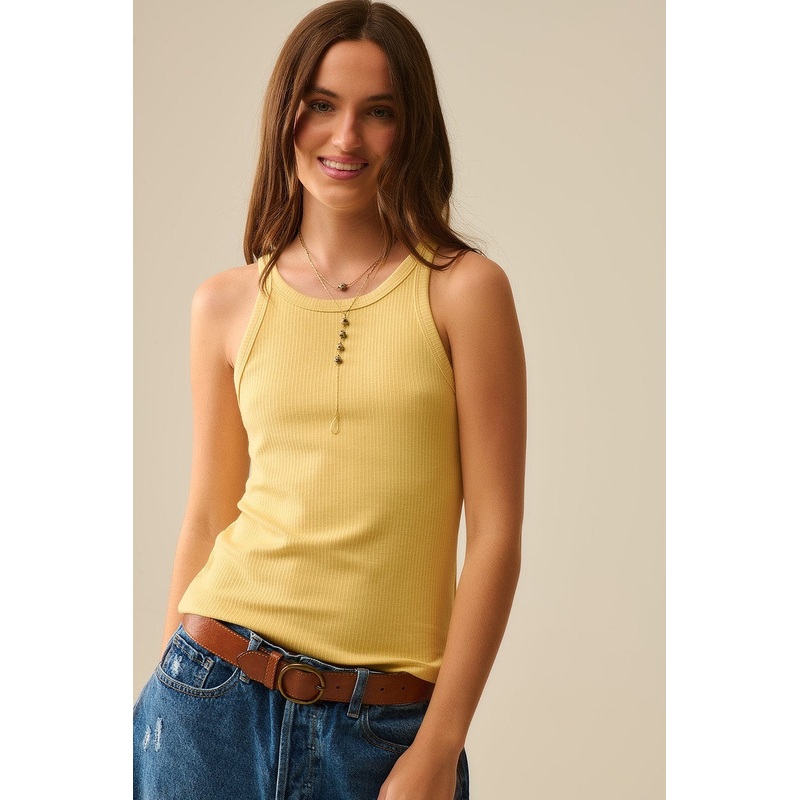 Yellow Tight-Fitting Swimmer-Type T-Shirt With Round Neckline And Straps