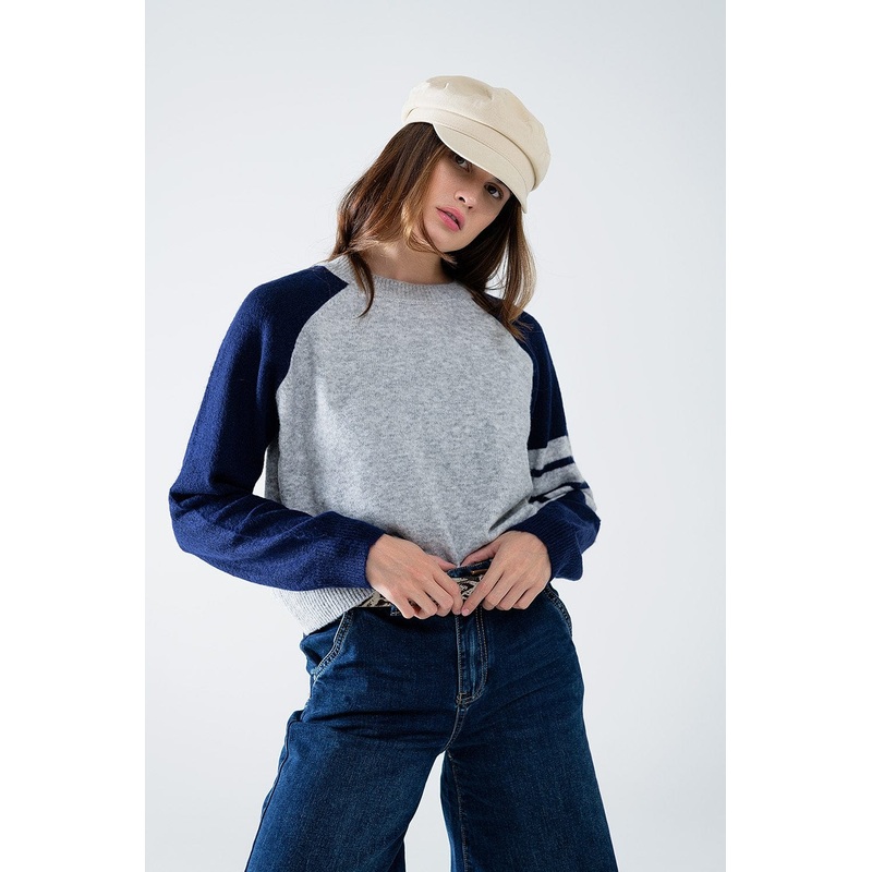 Bi-Color Raglan Sleeve Pullover In Navy And Grey
