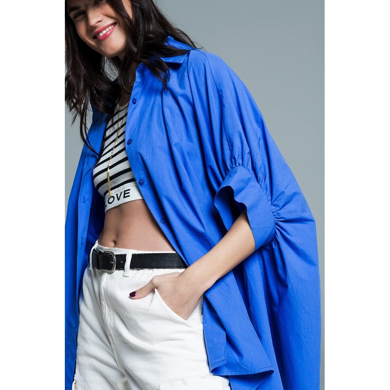 Blue  Oversized Blouse With Short Sleeves