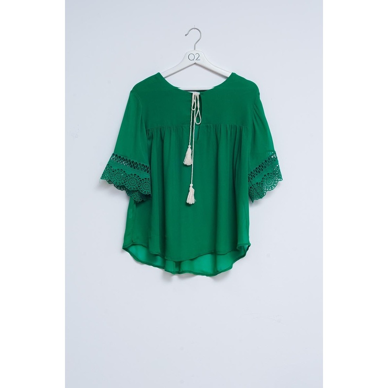 Broderie Tie Front Blouse In Green