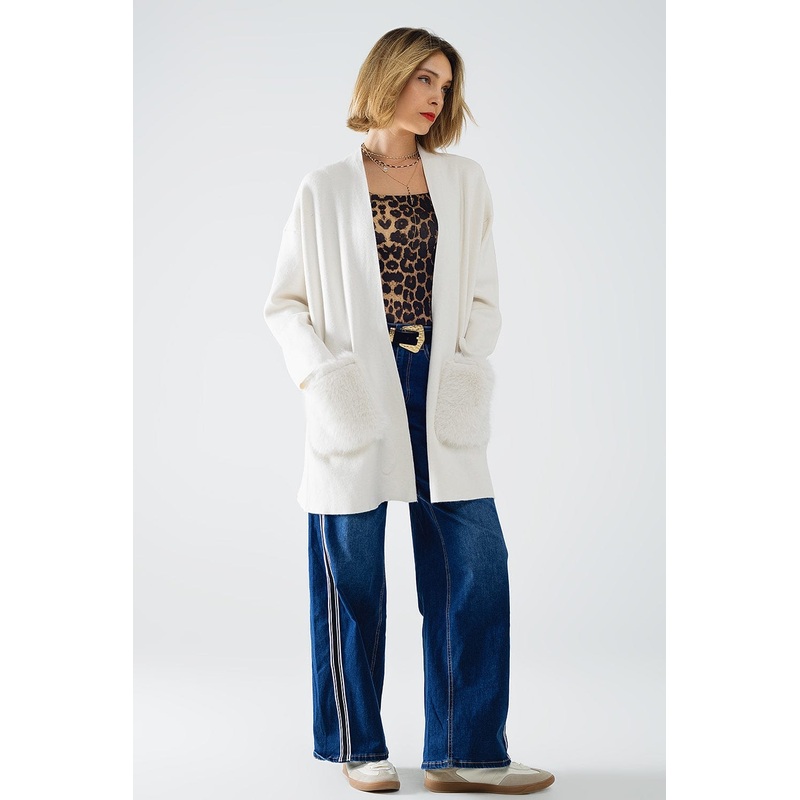Cream High Quality Knitted Maxi Cardigan With Fur Pockets