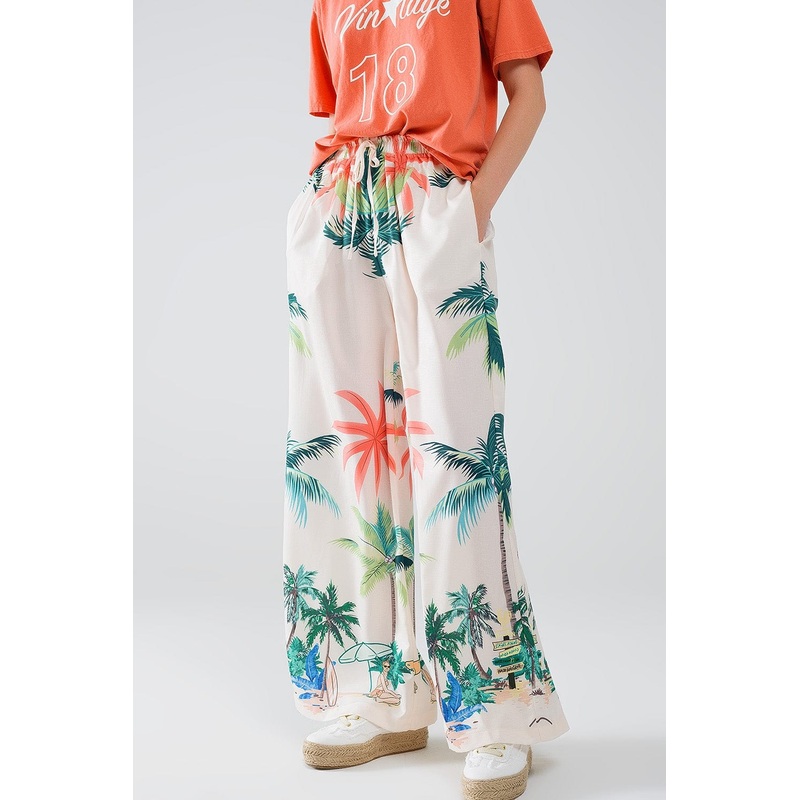 Cream Straight Leg Pants With Beach Print And Elastic Waist
