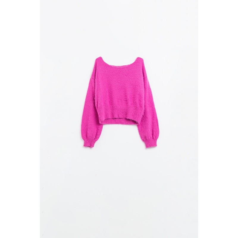 Cropped Fluffy Sweater In Fuchsia Fitted At The Waist