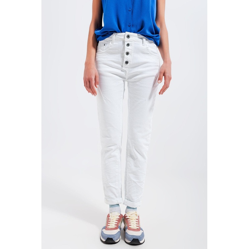Exposed Buttons Skinny Jeans In White