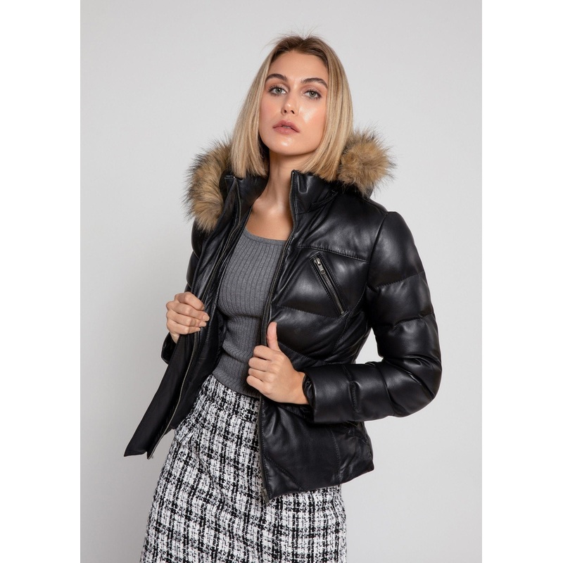 Fadcloset Women’s Joselyn Black Puffer Winter Down Leather Jacket with Fur