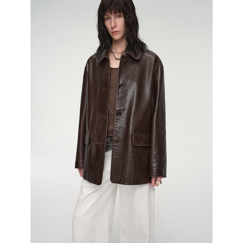 “Fashionable Kuoxi” Goatskin Simple and Versatile Retro Suit-Style Leather Windbreaker Jacket