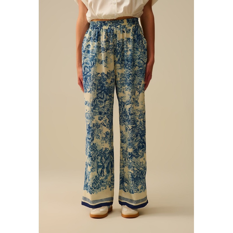 Flowy Toile De Jouy Printed Trousers With Elastic Waist
