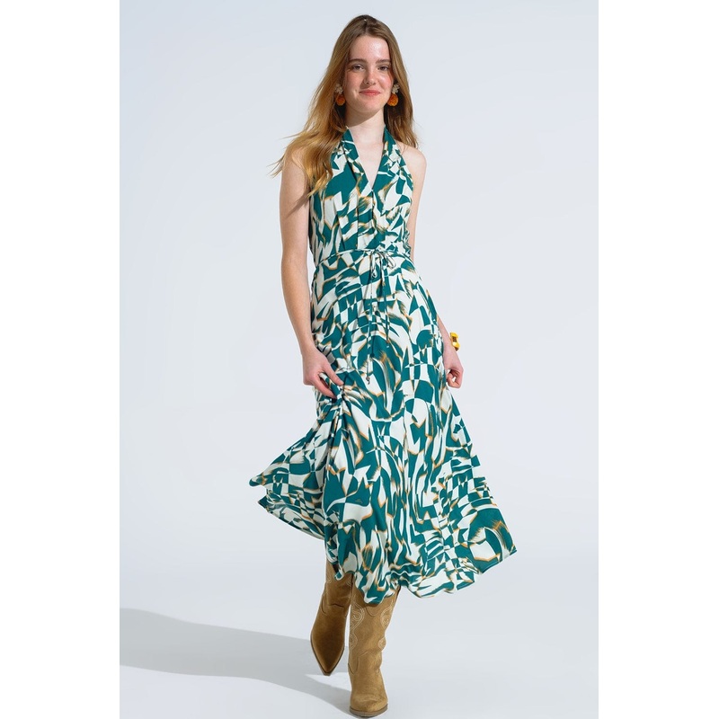 Halter Midi Dress With Cinched Waist In Abstract Green And White Print