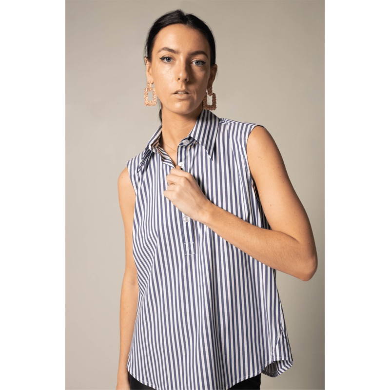 Italian Cotton Blue Stripe Sleeveless Shirt | Le Russi