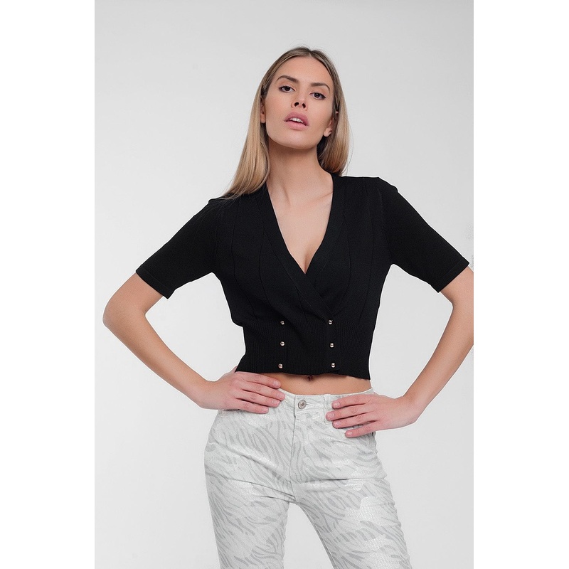 Knit Button Through Cardi Top In Black