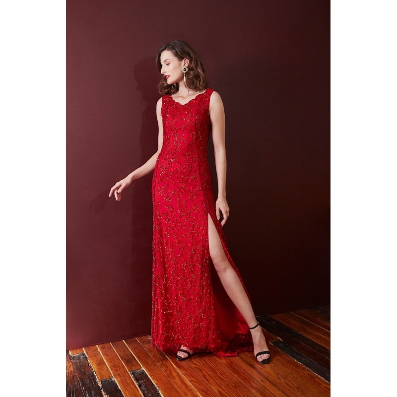 Lavanya Coodly Adeline Hand-Embroidered Floral on Red Tulle Floor Length Gown