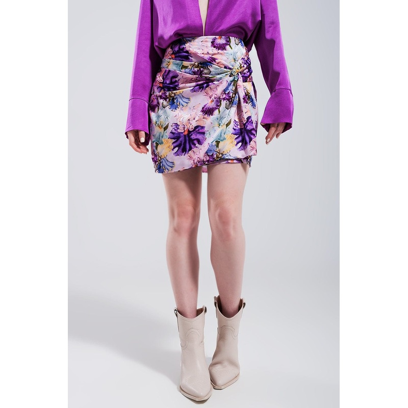 Mini Skirt With Knot Front In Purple Clashing Floral