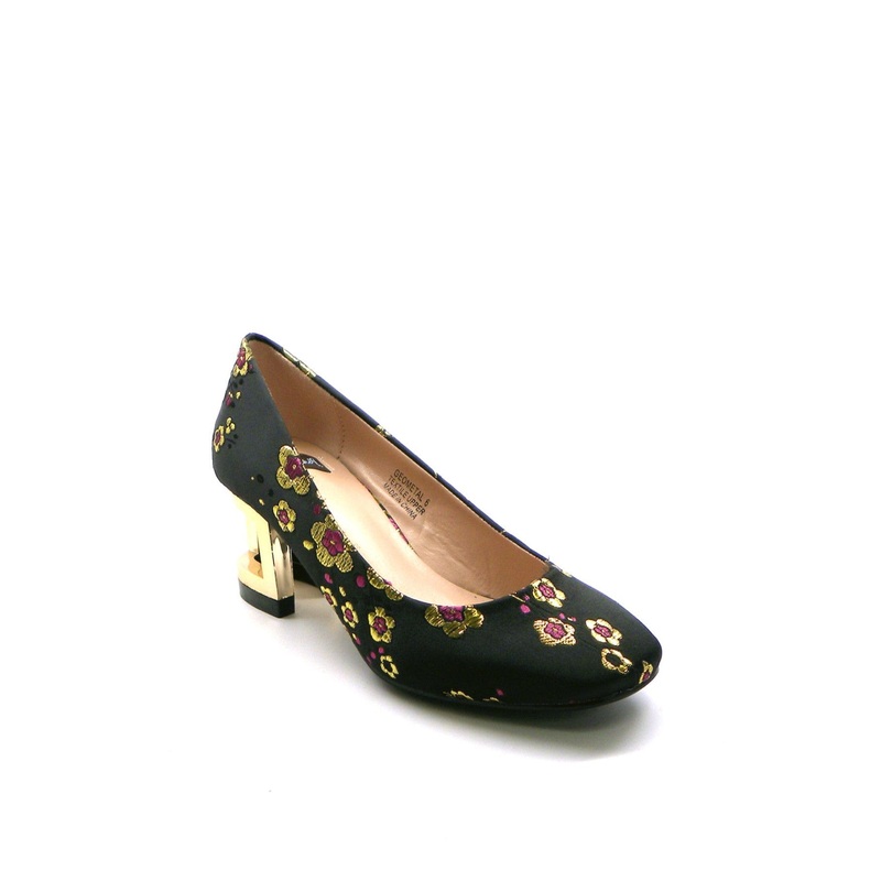 N.Y.L.A. Shoes Women’s Low Geometal Heels with Embroidered Black Brocade Upper