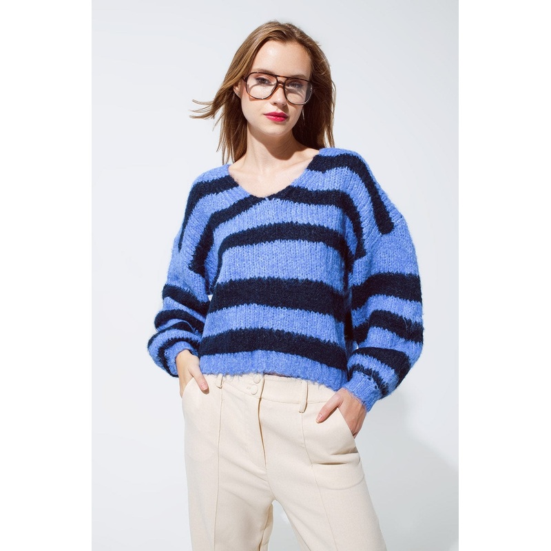Oversized Blue Stripy Fluffy Sweater With Balloon Sleeves