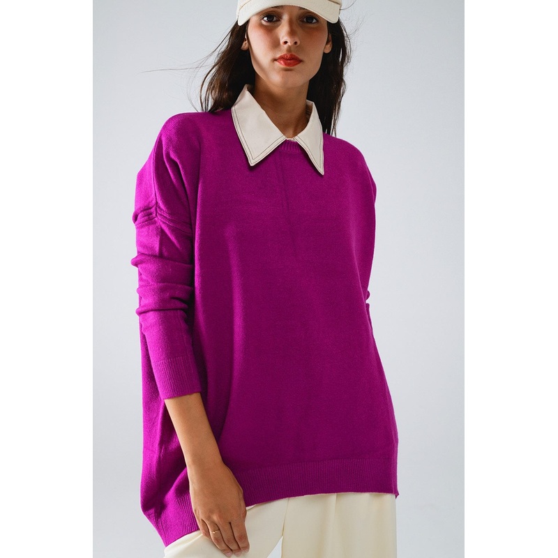 Oversized Crew Neck Long Sleeve Sweater In Fuchsia