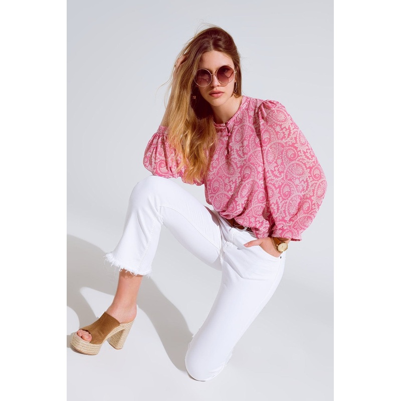 Pink Chiffon Blouse With Floral Print And Long Balloon Sleeves