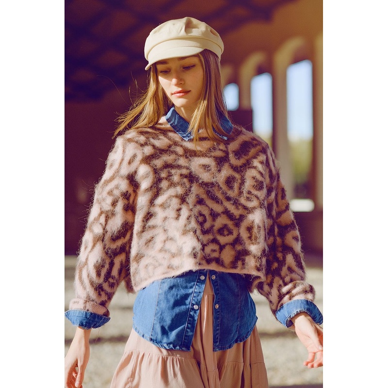 Pink Leopard Print Sweater Made Of Wool Knitted