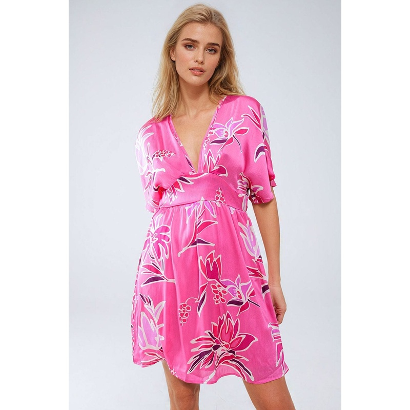 Pink Short Dress With Flower Print And V-Neckline