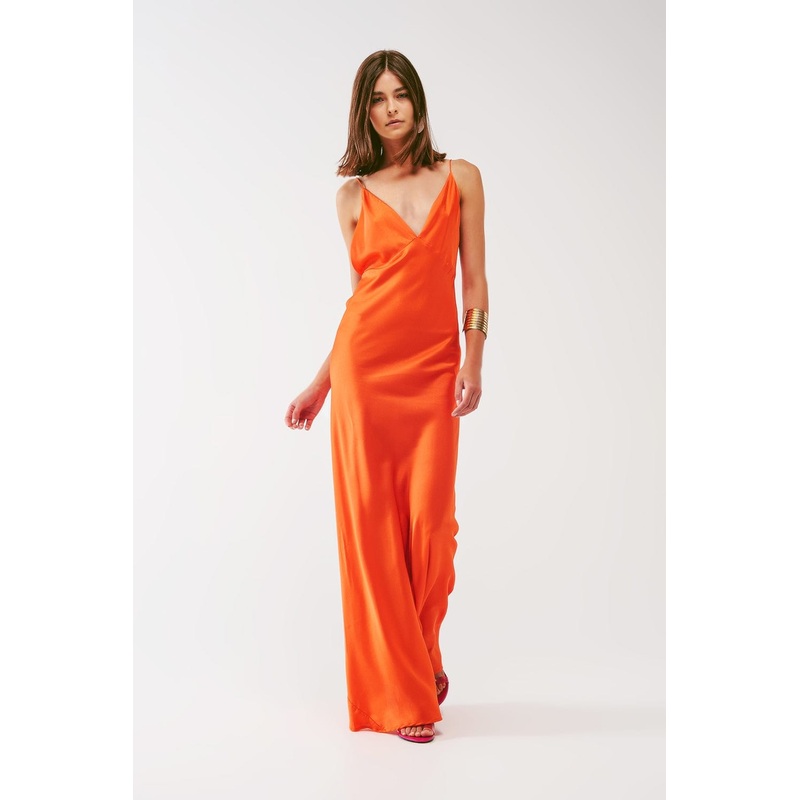 Satin Maxi Dress With Spaghetti Straps In Orange