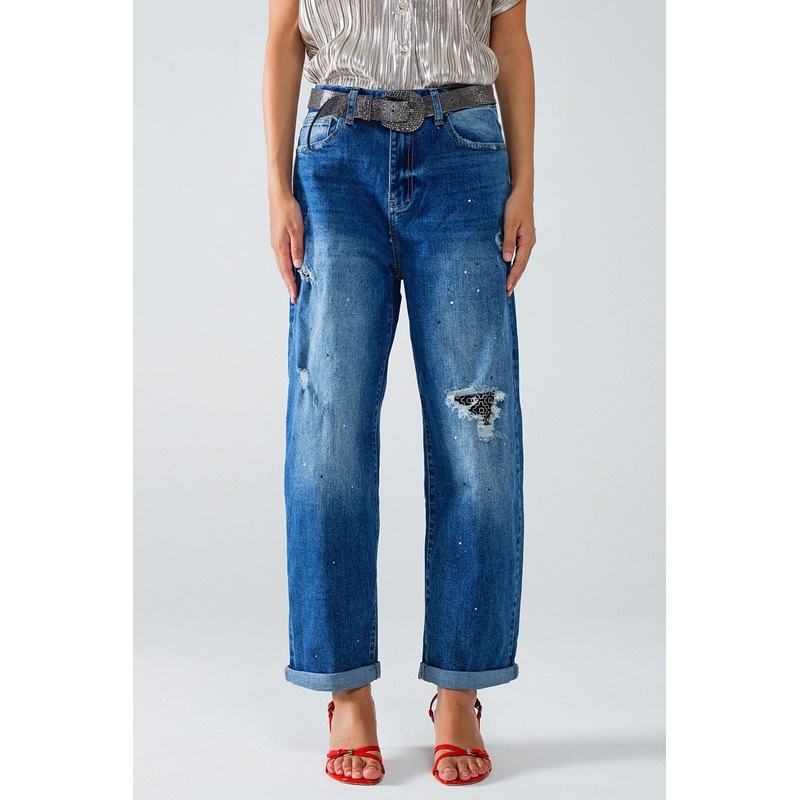 Straight Distressed Jeans With Paint Stains Details