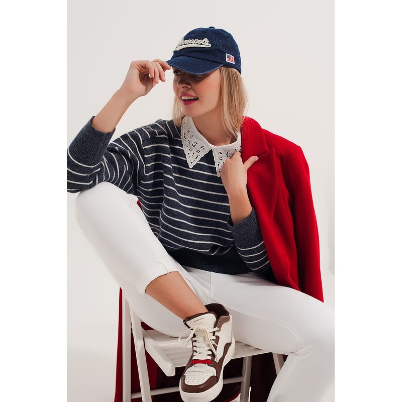 Striped Knitted Sweater With Wrangler Sleeves Blue And White
