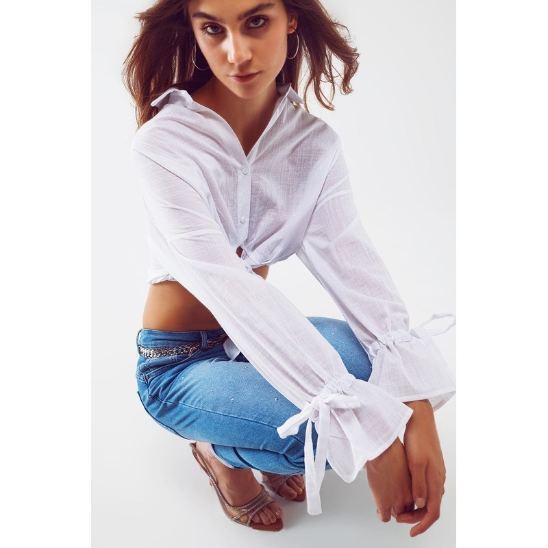 White Cropped Top With Gathered Sleeve Detail